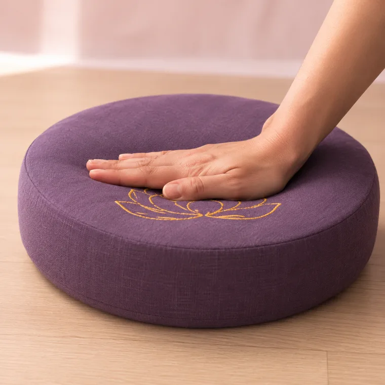 A hand pressing the top of a StillSeat meditation cushion to show its firm foam core