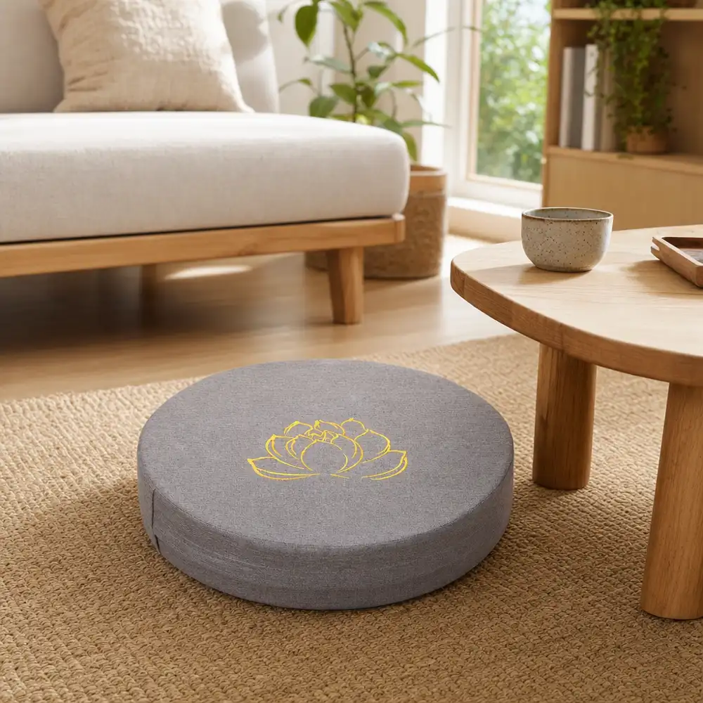 StillSeat linen floor cushion in a bright, calm room ready for seated practice