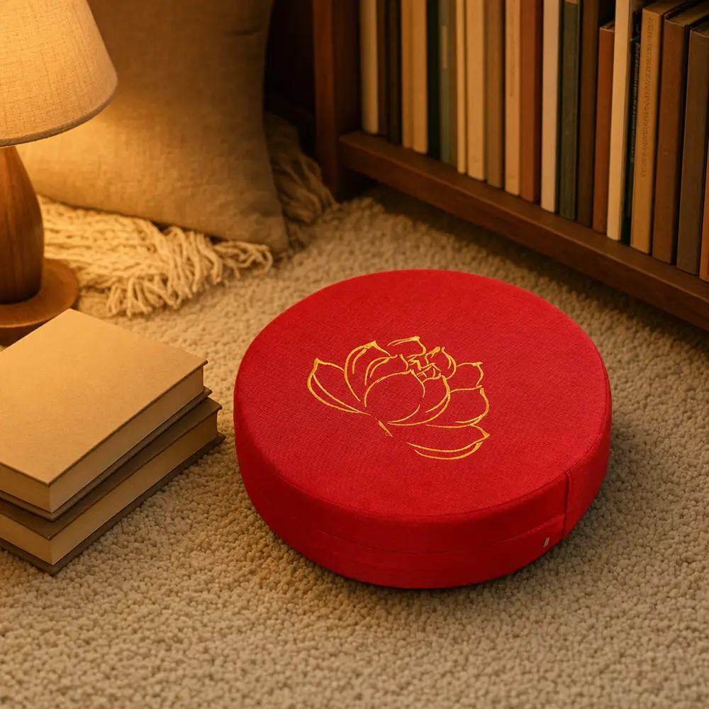 Round StillSeat floor cushions arranged around a low wooden coffee table in a living room