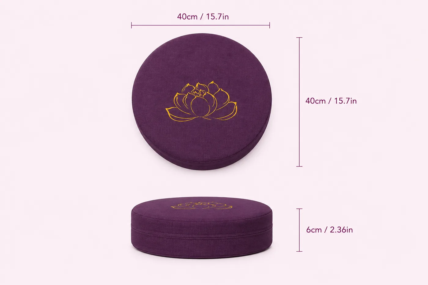 A plum StillSeat cushion labeled 40 cm / 15.7 in across and 6 cm / 2.36 in tall, a low and firm profile