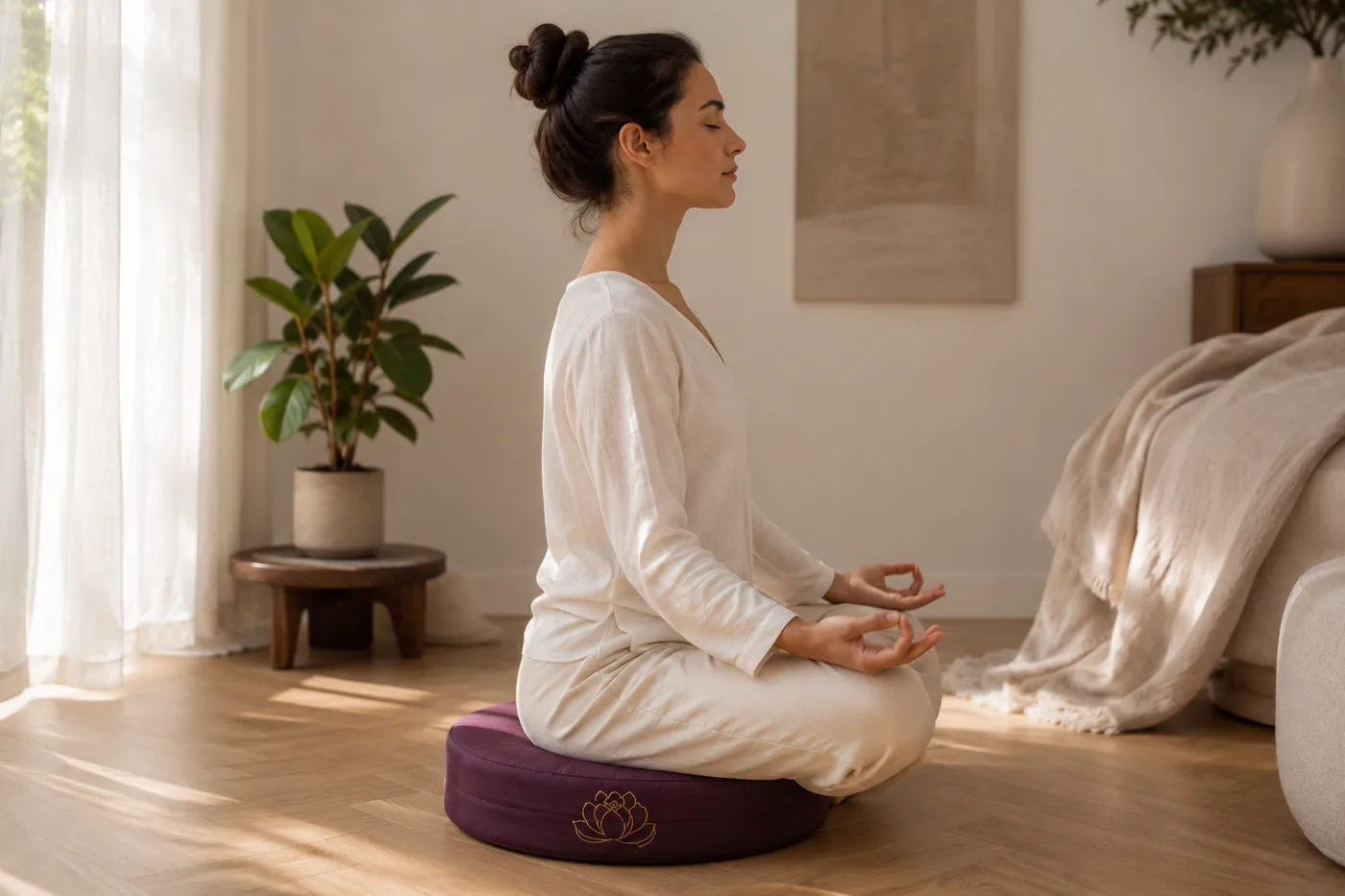 A woman sitting cross-legged in meditation on a purple StillSeat cushion in a bright, calm living room