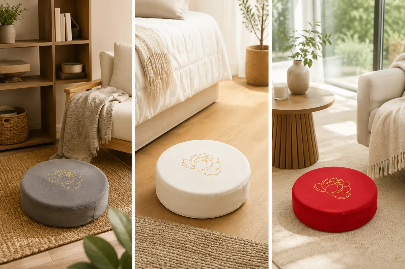 Three rooms shown side by side with gray, white, and red StillSeat cushions matched to each decor