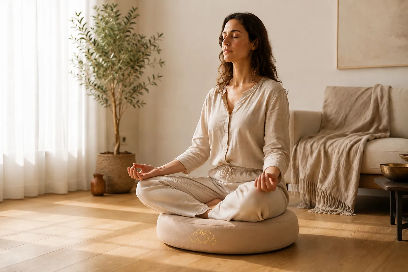 A woman meditating on a cream StillSeat cushion in a bright room full of plants during quiet practice