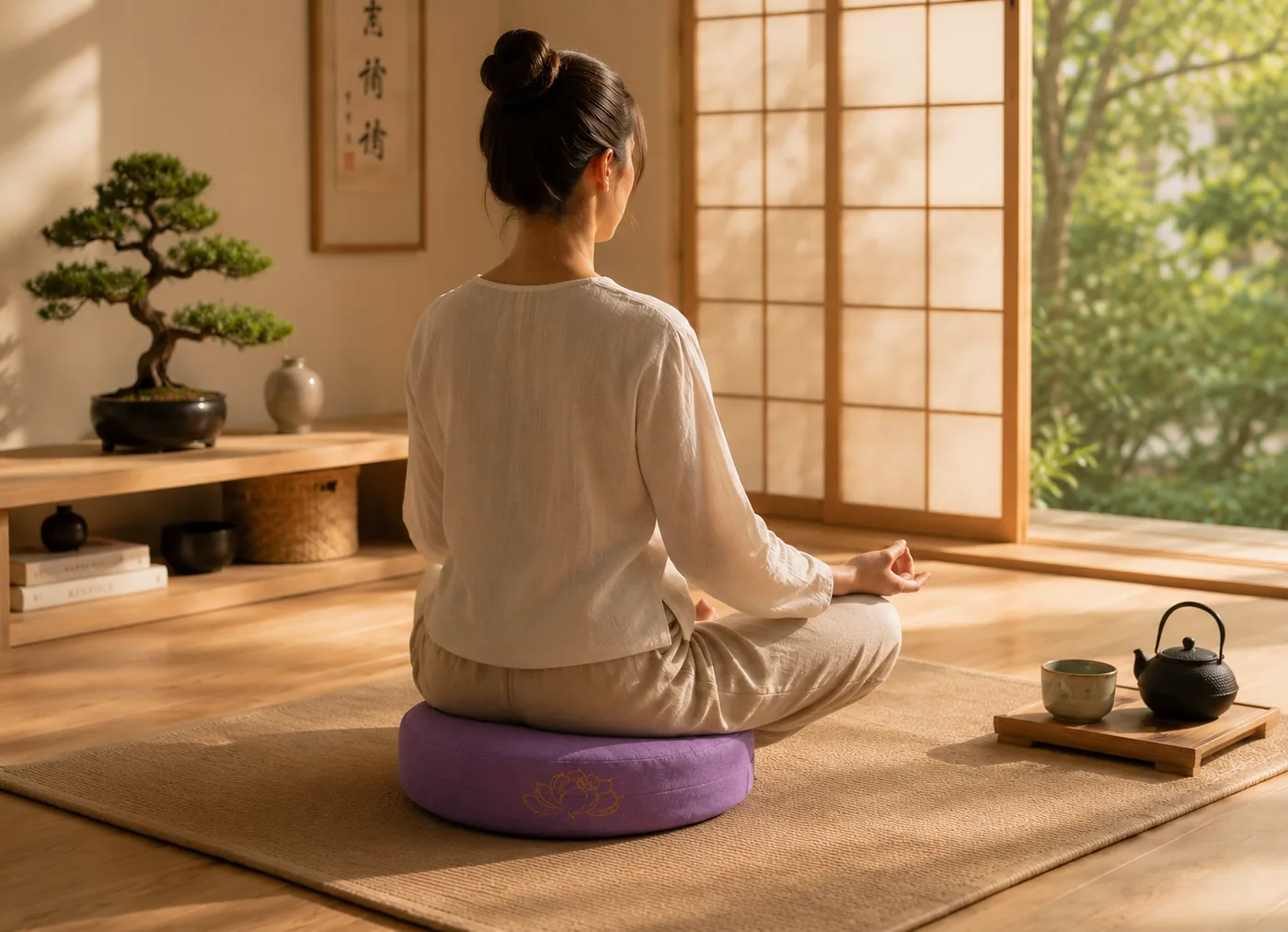 A woman seen from behind sitting tall on a purple cushion for breath practice, her spine stacked over her hips