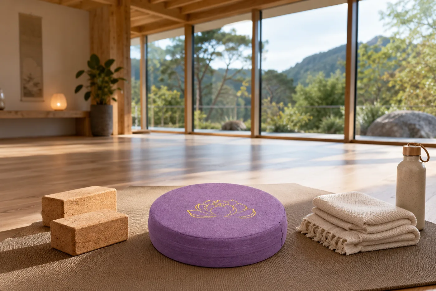 A purple StillSeat cushion set up in a bright yoga and meditation room next to foam yoga blocks