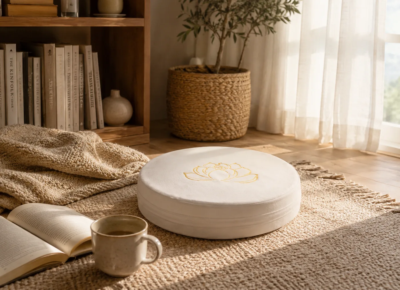 A white StillSeat cushion on a rug beside a cup of coffee, set up as a cozy low seat near a coffee table