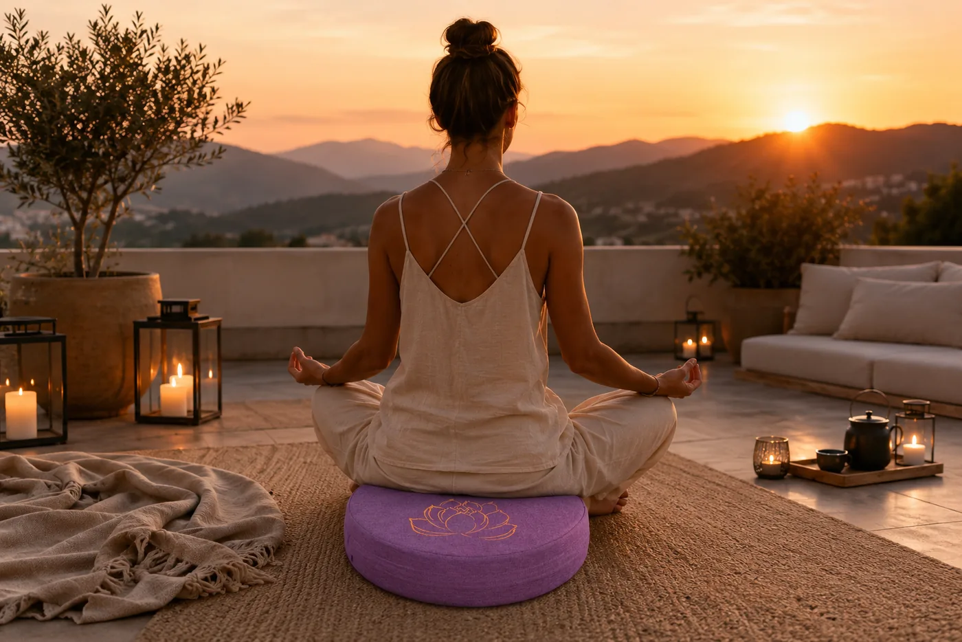A woman meditating on a purple StillSeat cushion on an outdoor terrace at sunset