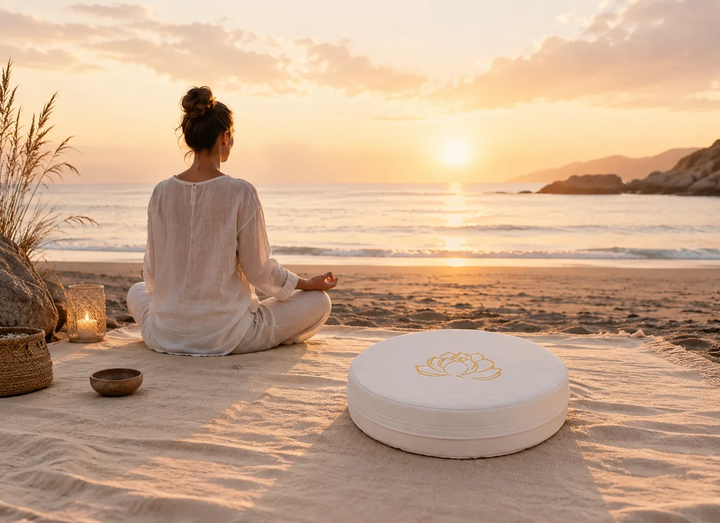 A woman sitting cross-legged on a woven blanket on a beach with the sun low over the water, a white StillSeat cushion resting on the blanket beside her next to a singing bowl and a lantern