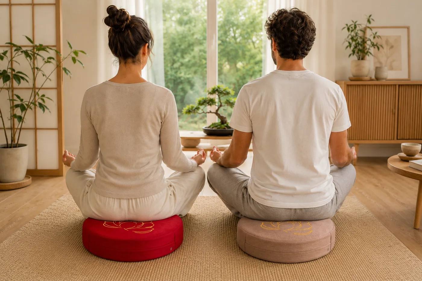 A couple meditating together side by side on red and pink StillSeat cushions