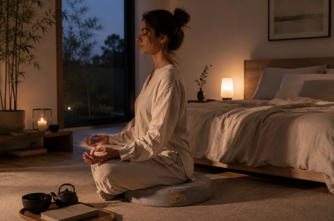 A woman meditating on a purple cushion in a bedroom at night, lit by candles for a calm evening routine