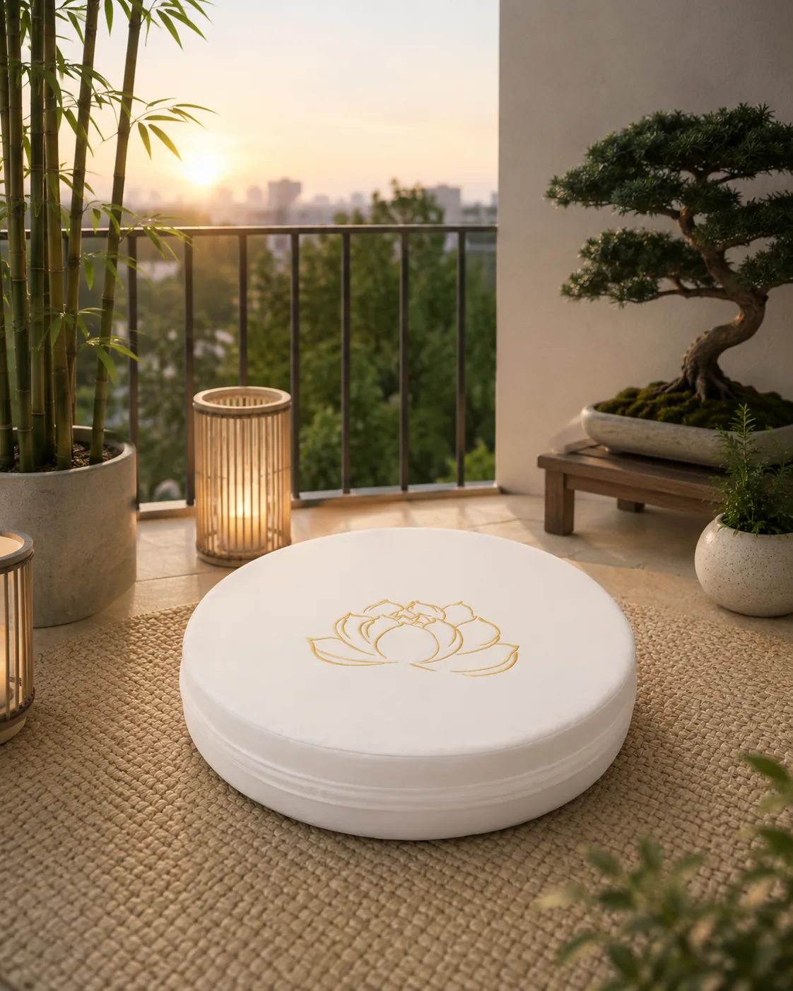 A white StillSeat floor cushion on a sunlit balcony at sunset, working as a compact seat for a small space